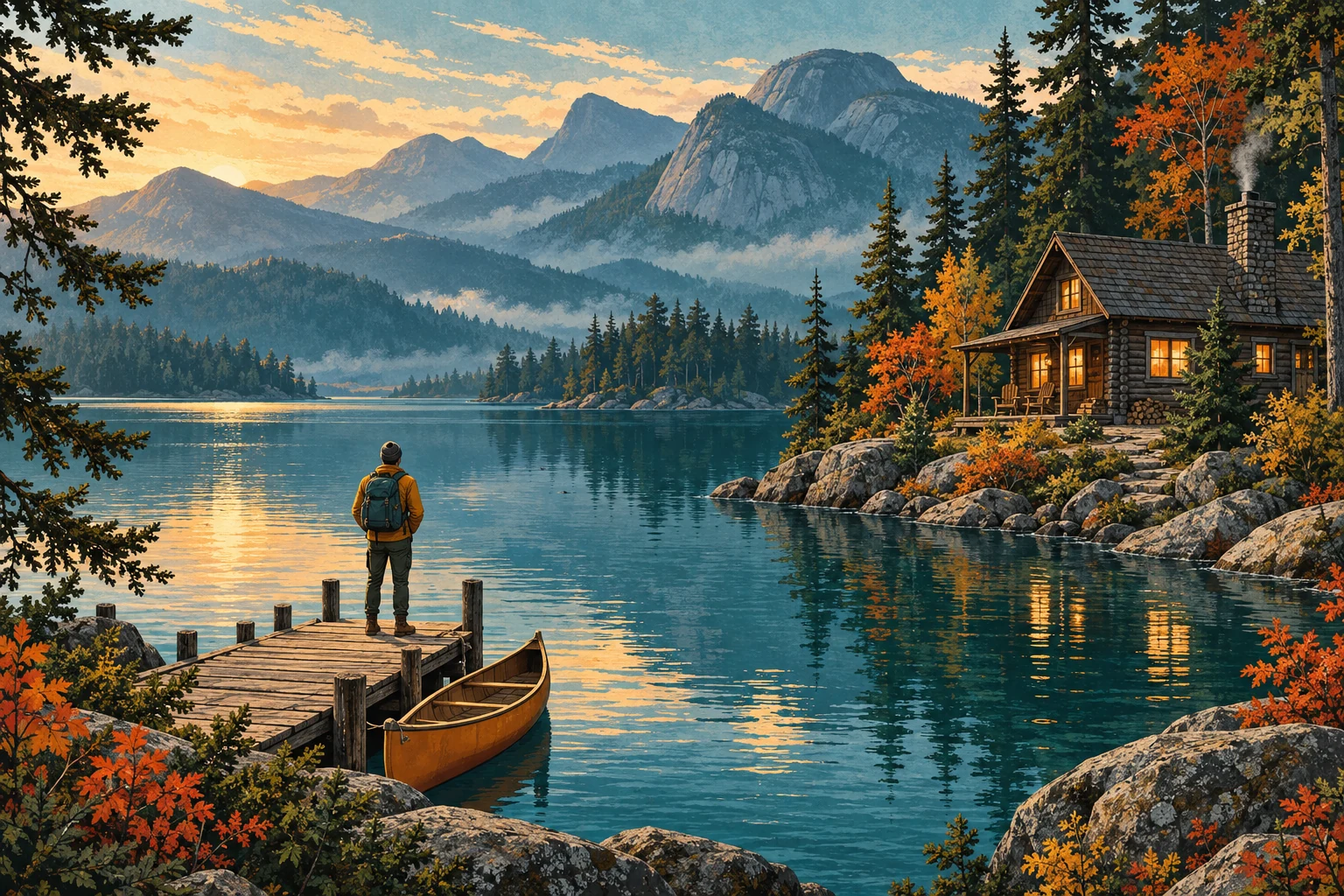 An explorer and canoe on a peaceful Adirondack lake, with a timber camp nestled among the pines