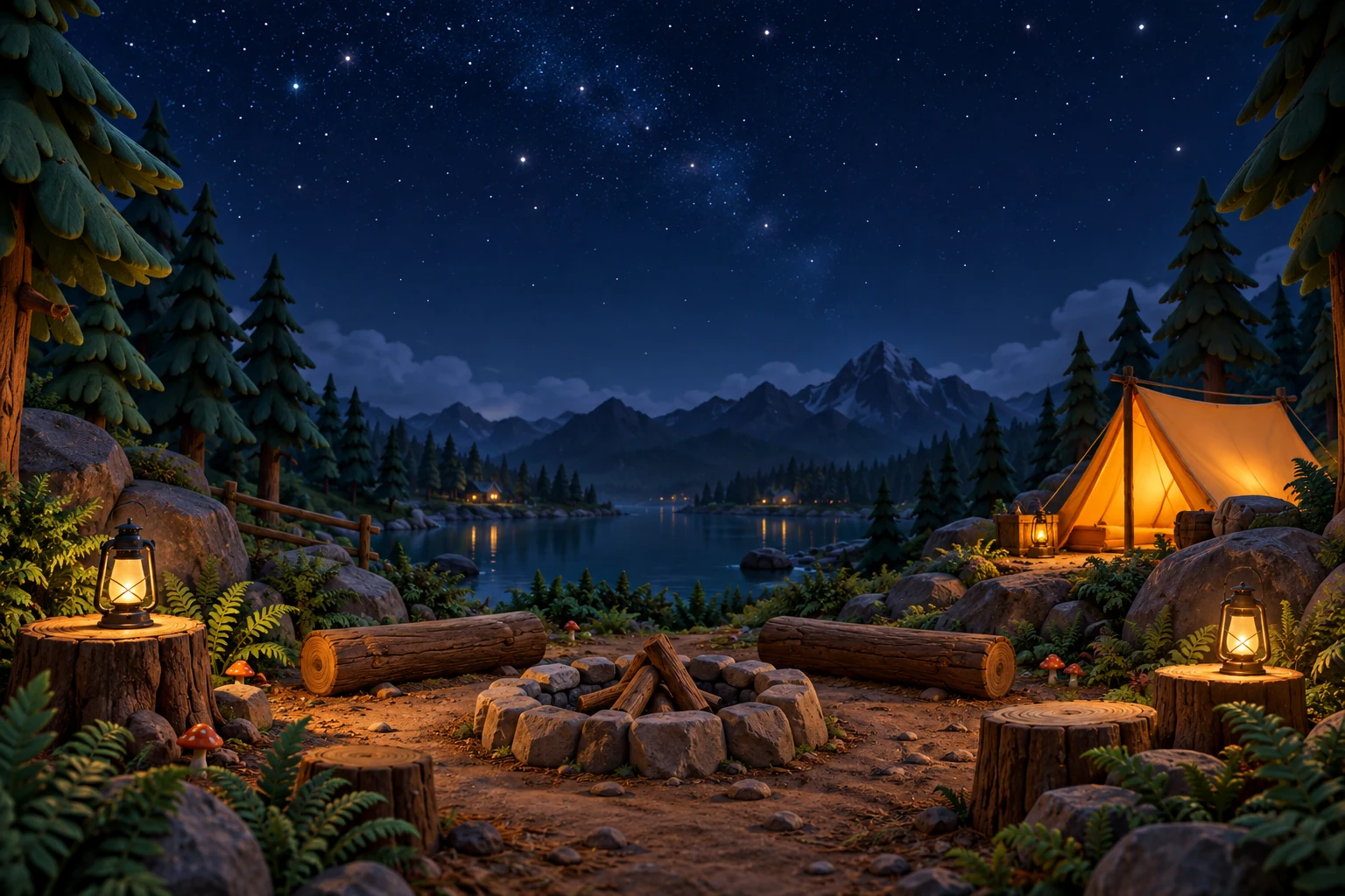 A lantern-lit campsite tucked into a pine forest beside a mountain lake