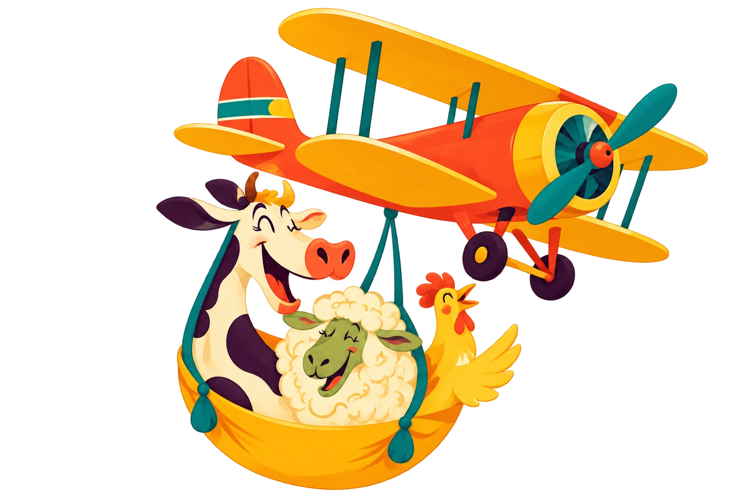 An orange biplane carrying a cow, a sheep, and a chicken in a rescue basket